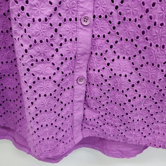 Catherines Womens Purple Eyelet Button Up Shirt Top Plus Size 1X Roll Tab Sleeve - Picture 6 of 14